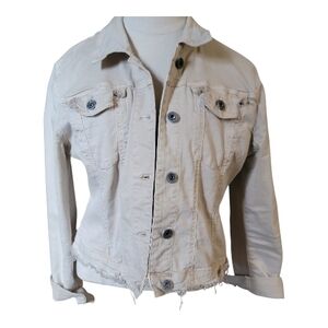 Q2, Raw Edge Light Beige Distressed Denim Jacket, Large